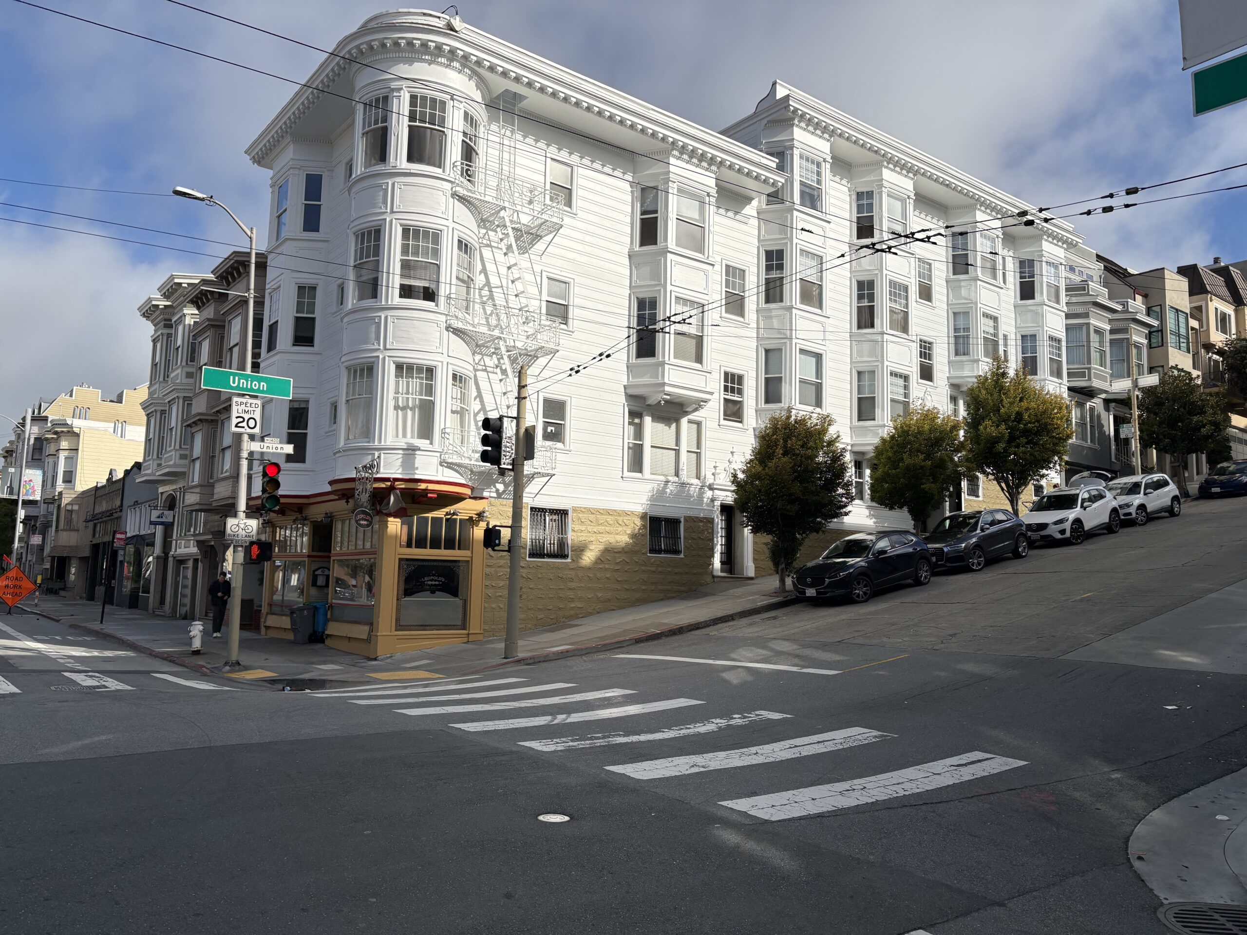 White Victorian apartment building exterior in San Francisco showing painted wood siding and bay windows